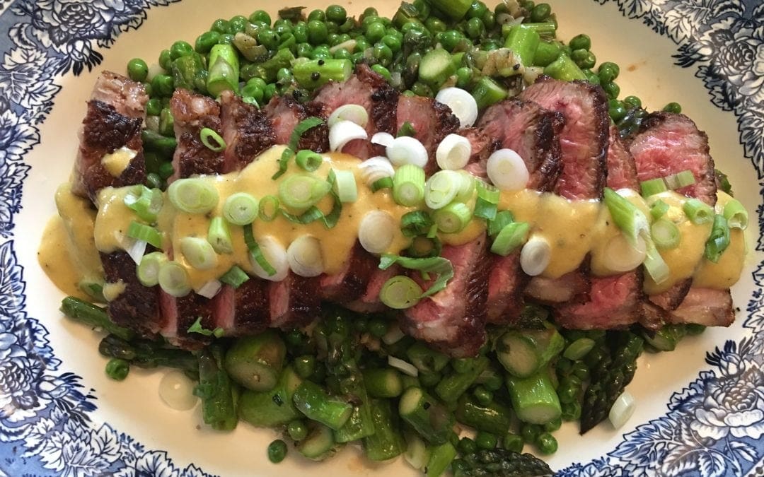 One-Skillet Steak and Spring Veg with Spicy Mustard